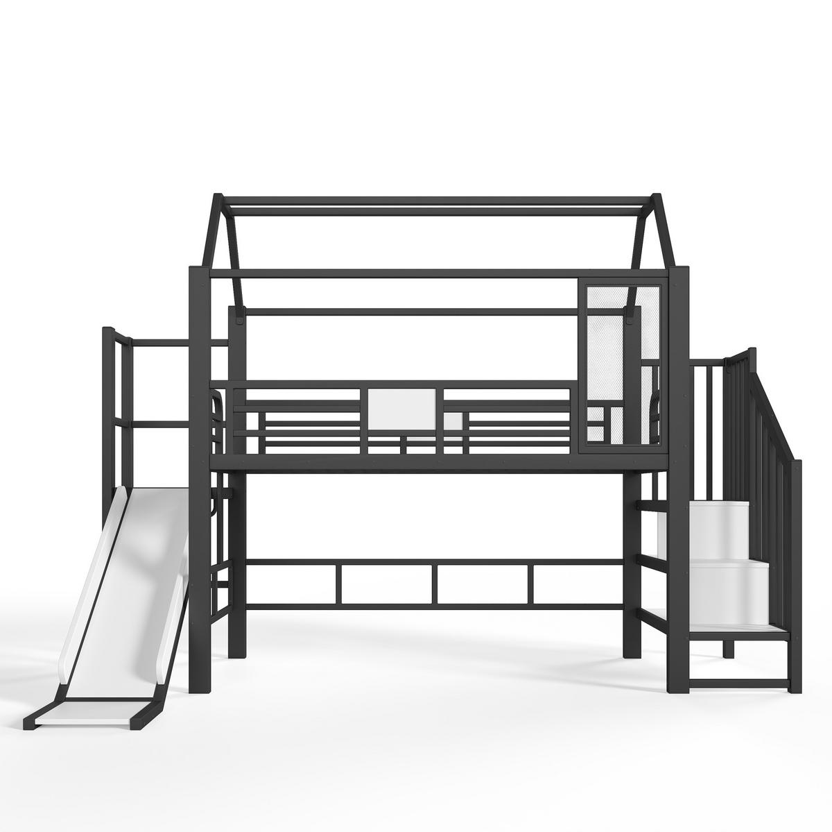 KINDERHOCHBETT MDF & Metall 90x200 cm Schwarz mit Rutsche, Treppe, Stauraumfächern und LED-Beleuchtung - Schwarz, Holzwerkstoff (90/200cm) - Modfu