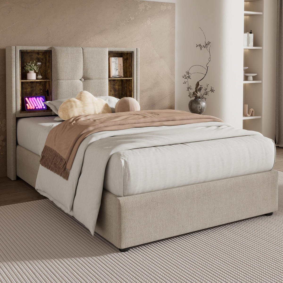 POLSTERBETT 90/200 cm Natur mit Stauraum, Matratze und USB- sowie Type-C-Anschlüssen - Naturfarben, Textil (90/200cm) - Flora Grace