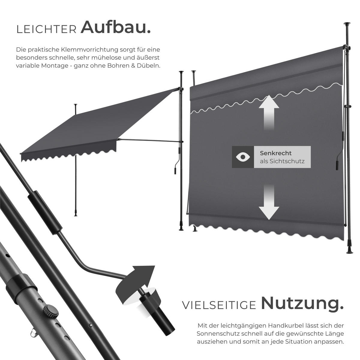KLEMMMARKISE ,einfache Montage,schwarz/grau - Schwarz/Grau, Kunststoff (300/304/180cm) - tectake