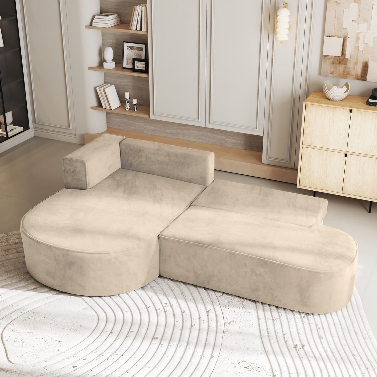 ECKSOFA CORTIO M L-S Creme Velours-Stoff mit Schlaffunktion - Creme, Holz (265/174cm) - MASSENO