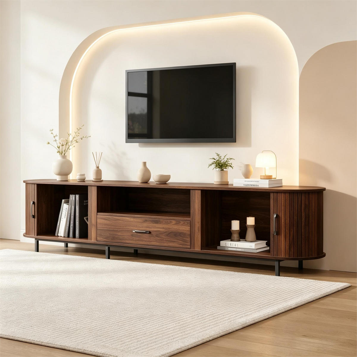 TV-SCHRANK 180/40/45 cm Walnuss mit 1 Schublade und 2 Schiebetüren - Nussbaumfarben, Holzwerkstoff/Metall (180/45/40cm) - Oxeza