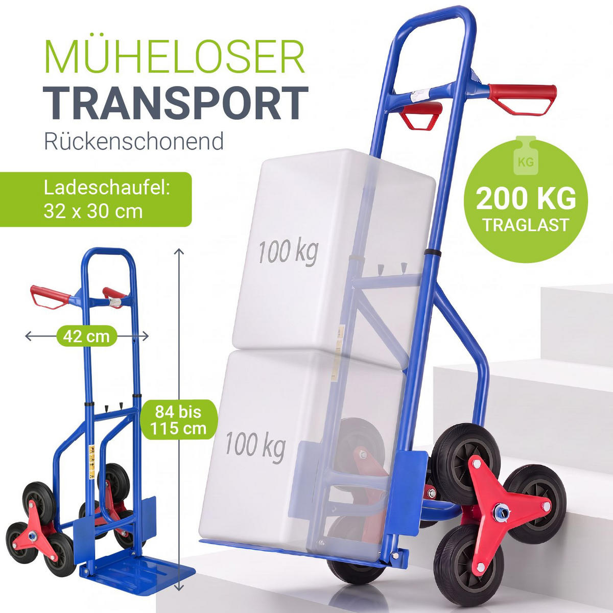 TREPPENSACKKARRE blau mit Dreikranzrädern - Blau, Metall (42/65/115cm) - Juskys