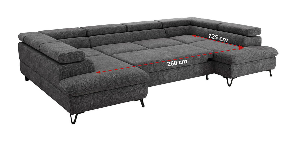 WOHNLANDSCHAFT PABLO U Schenille grob gewebt Grau - Schwarz/Grau, Textil/Metall (346/76/208cm) - MKS