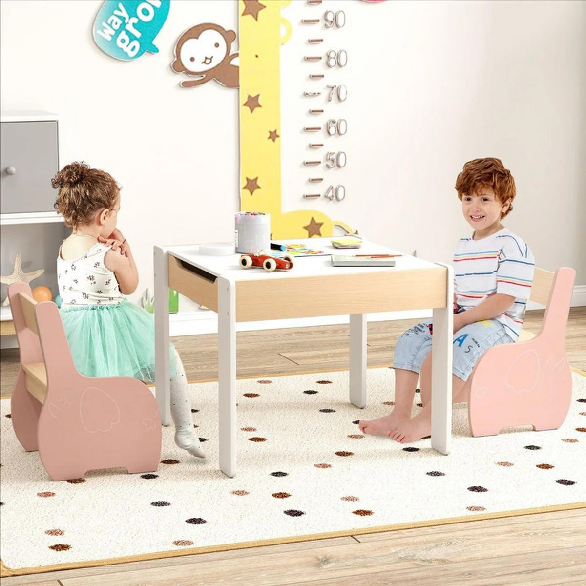 KINDERTISCH mit Stuhl rosa(3-tlg) - Pink, Holzwerkstoff (63.5/48/61.5cm) - COSTWAY