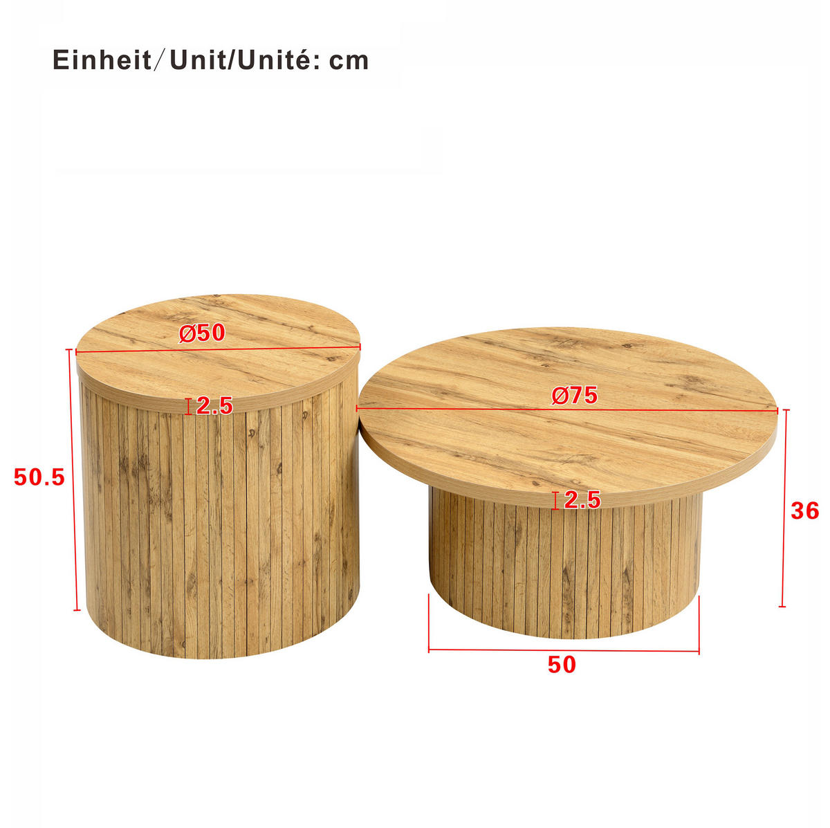 COUCHTISCH-SET 75/75/36 + 50/50/50,5 cm aus MDF, flexibel kombinierbar mit Stauraum in Naturholzoptik, Natur - Naturfarben, Holzwerkstoff (75/75/36cm) - Redom