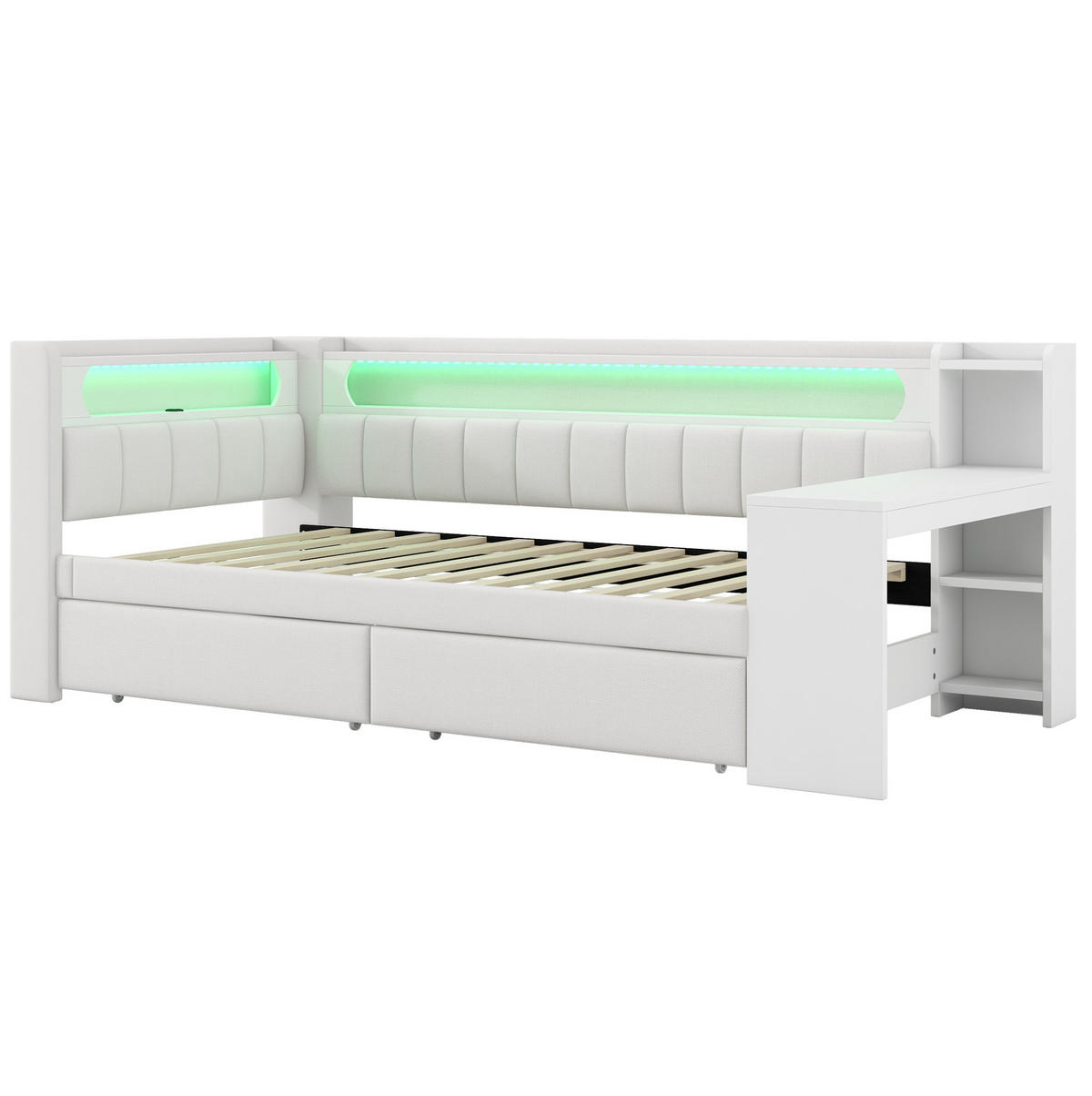 POLSTERBETT aus MDF, Sperrholz und Leinen 90x200 cm Weiß mit LED, USB, Schreibtisch und 2 Schubladen - Weiß, Holzwerkstoff (90/200cm) - Modfu