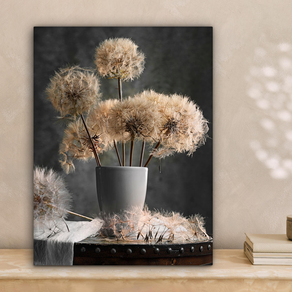LEINWANDBILD Blumensamen - Löwenzahn - Vase - Stilleben - Blumenstrauß 30x40 cm - Dunkelgrau, Textil (30/40cm) - MuchoWow