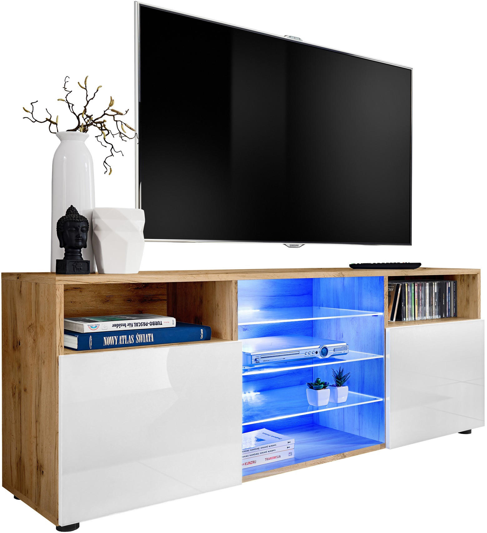 SIDEBOARD TV URBINO Eiche Wotan, Blau LED Beleuchtung - Eiche Wotan/Weiß, Glas/Holzwerkstoff (140/53/35cm) - Komodee