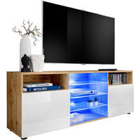SIDEBOARD TV URBINO Eiche Wotan, Blau LED Beleuchtung - Eiche Wotan/Weiß, Glas/Holzwerkstoff (140/53/35cm) - Komodee