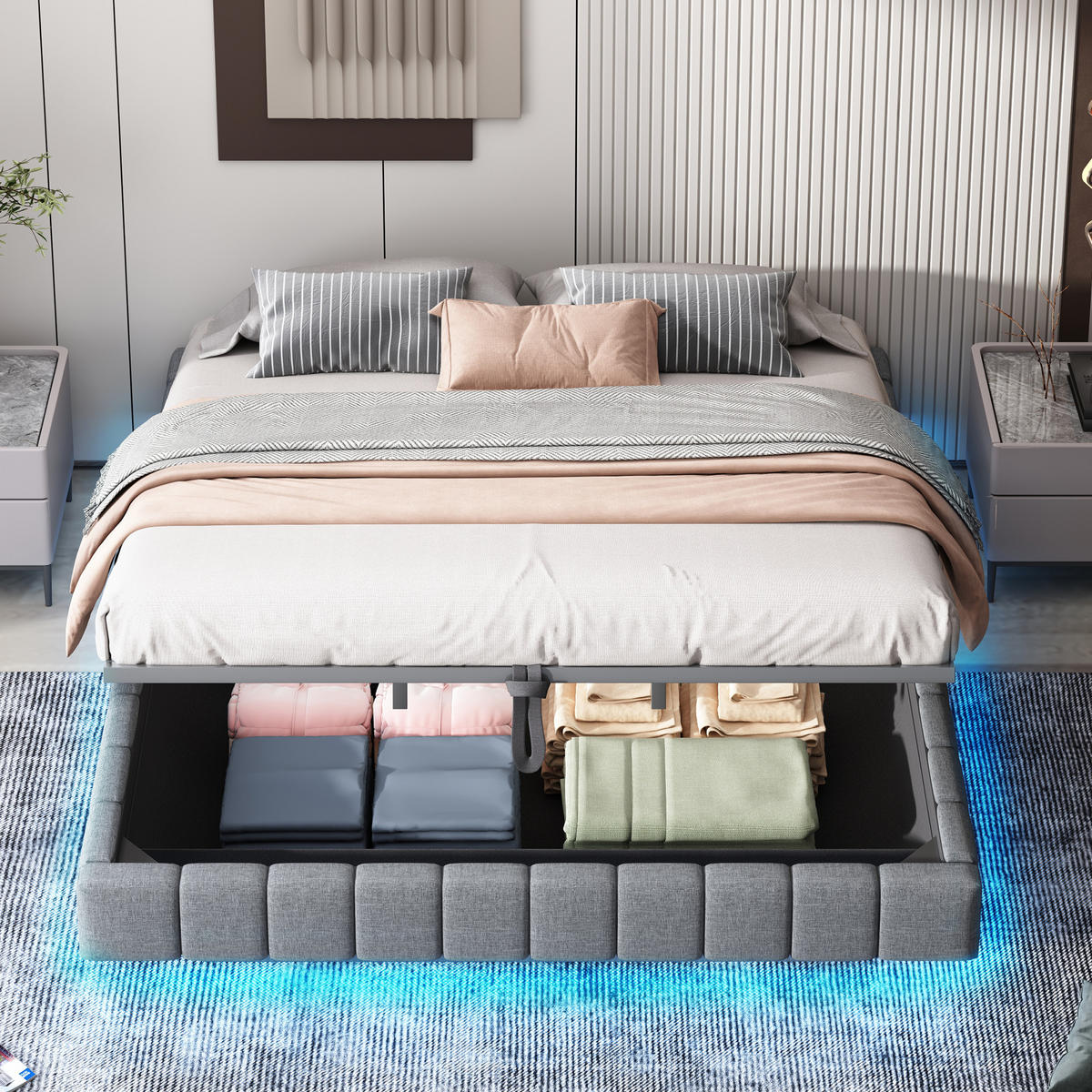 POLSTERBETT 180/200 cm Grau mit Stauraum und LED-Beleuchtung aus Leinen - Grau, Textil (180/200cm) - OKWISH