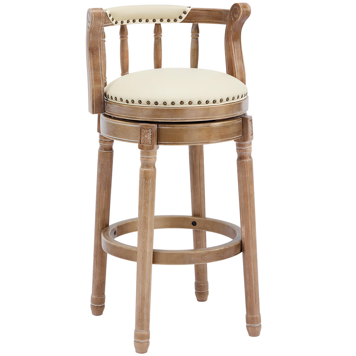 BARHOCKER 1er-Set Weiß mit Echtleder, Rückenlehne und 360° Drehfunktion - Weiß, Holz (54.8/96/54.8cm) - PANGIVO