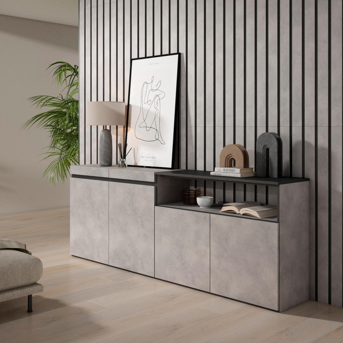 SIDEBOARD zementgrau, 200/35/75cm - Grau, Holzwerkstoff (200/75/35cm) - Skraut Home