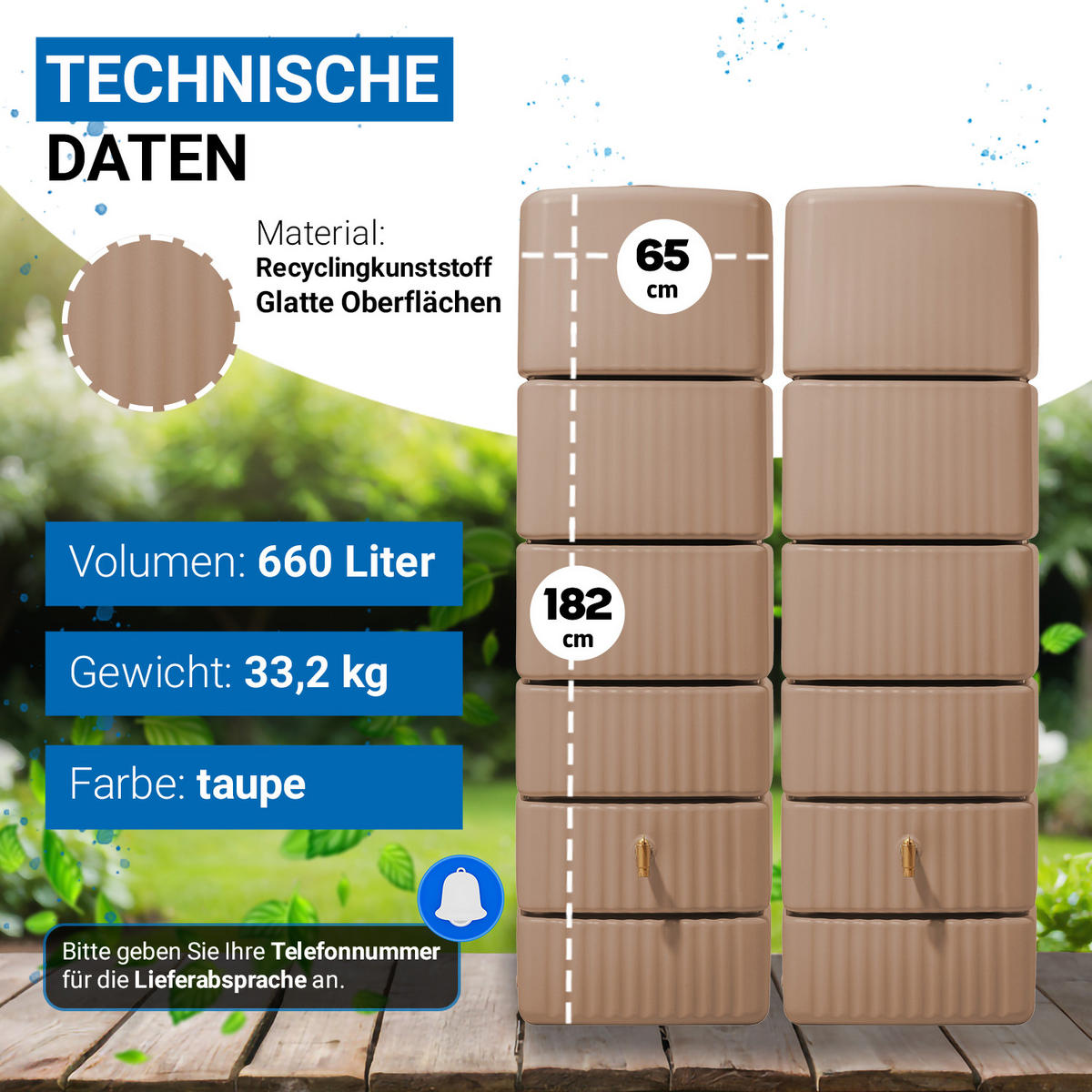 WANDTANK-SET 660 L taupe 2 x 330 L inkl. Verbindungsset - Braun, Kunststoff (126/182/37cm) - 4rain