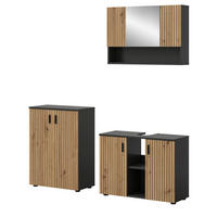 BADMÖBEL-SET Eiche, grau 3-teilig 155 cm, Badmöbel mit Rillen, Livia - Schwarz/Eiche Artisan, Glas/Holzwerkstoff (155/180/30cm) - Inn.Furn