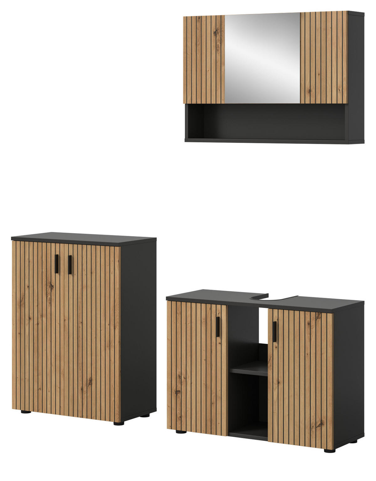 BADMÖBEL-SET Eiche, grau 3-teilig 155 cm, Badmöbel mit Rillen, Livia - Schwarz/Eiche Artisan, Glas/Holzwerkstoff (155/180/30cm) - Inn.Furn