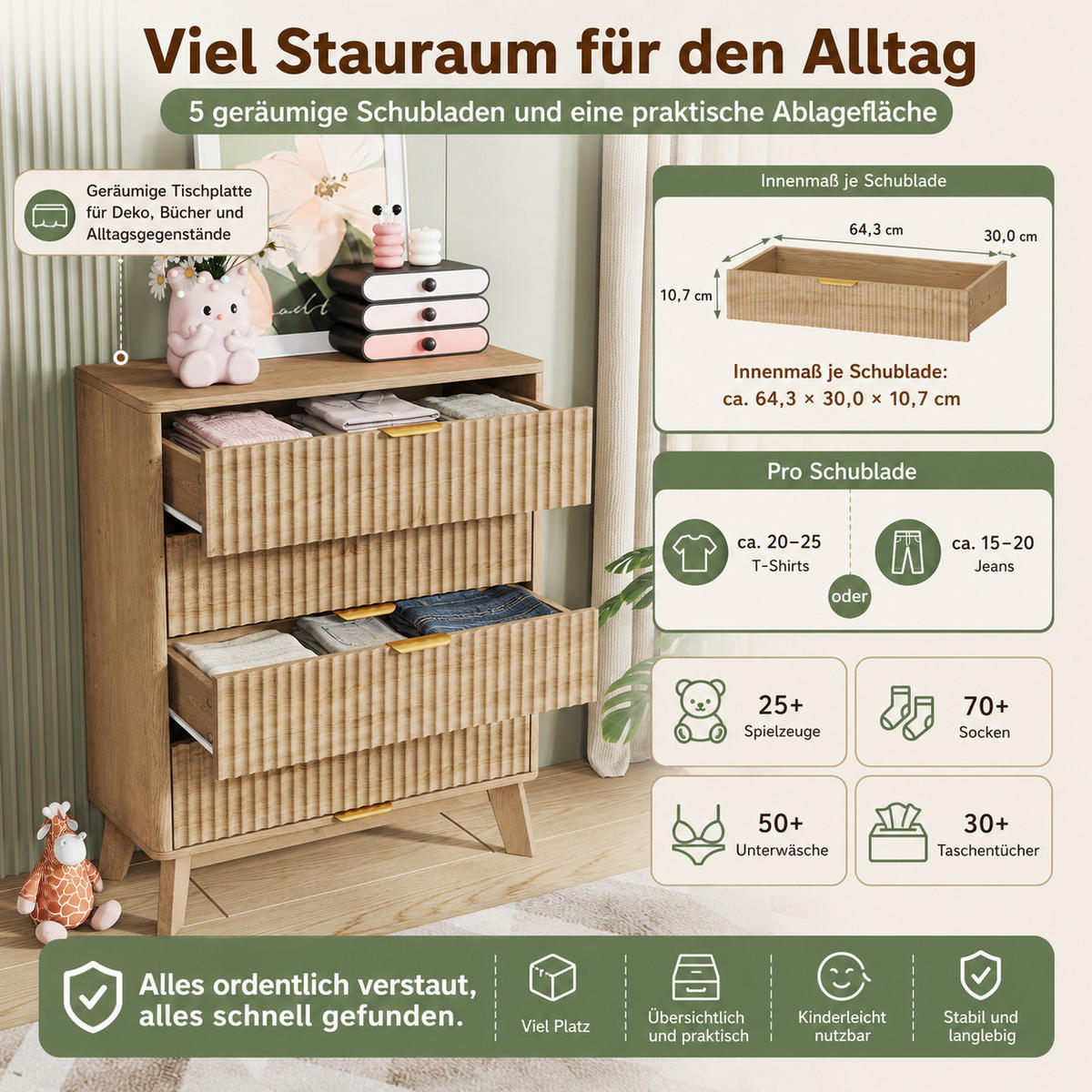 KOMMODE mit vertikaler Rillenfront, 5 Schubladen Stauraum, Eiche hell, 40/73/108cm - Eichefarben, Holz (73/108/40cm) - Joyfair