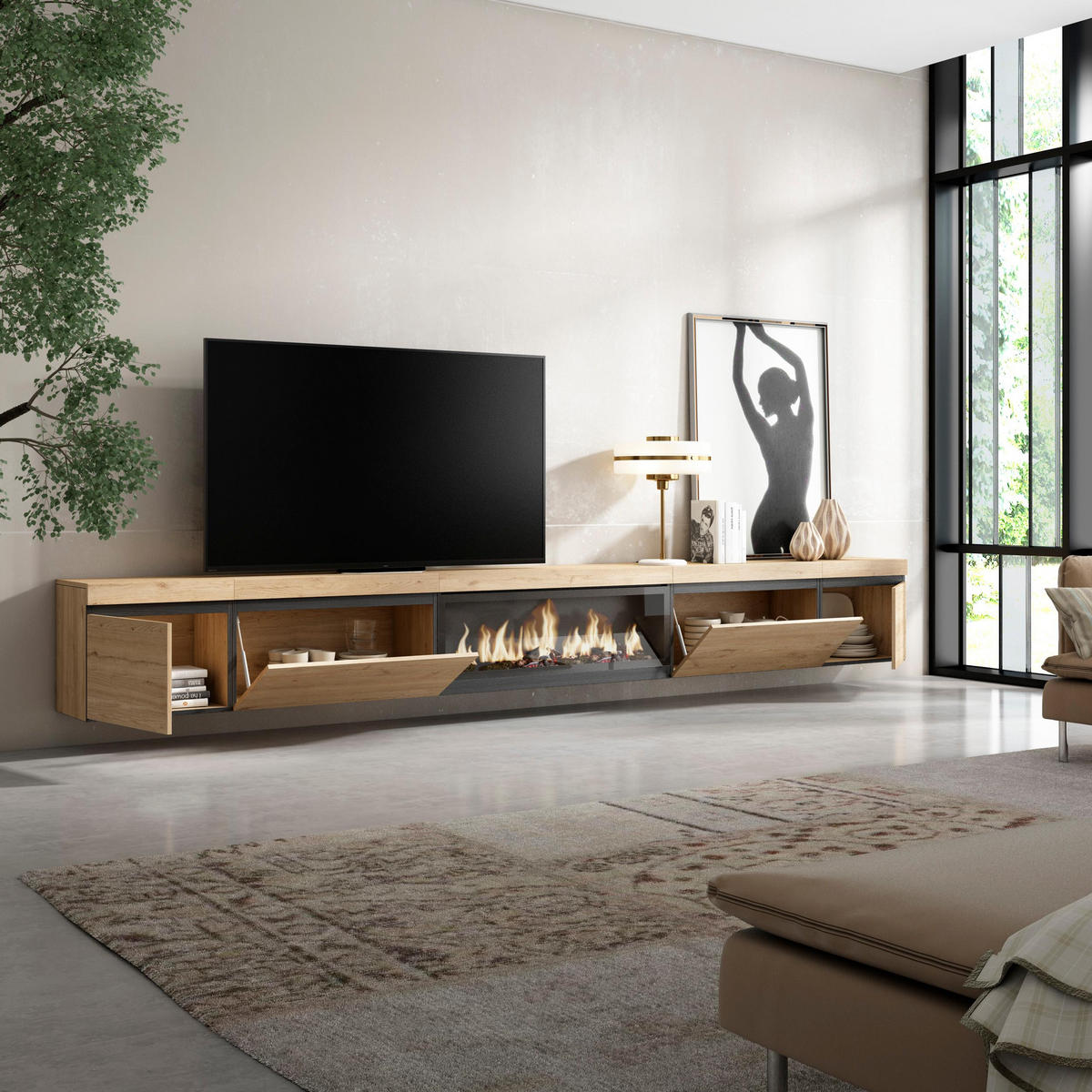 TV-SCHRANK Elektrokamin XXL, Hängend, eiche, 368/35/45cm - Eichefarben, Holzwerkstoff (368/45/35cm) - Skraut Home