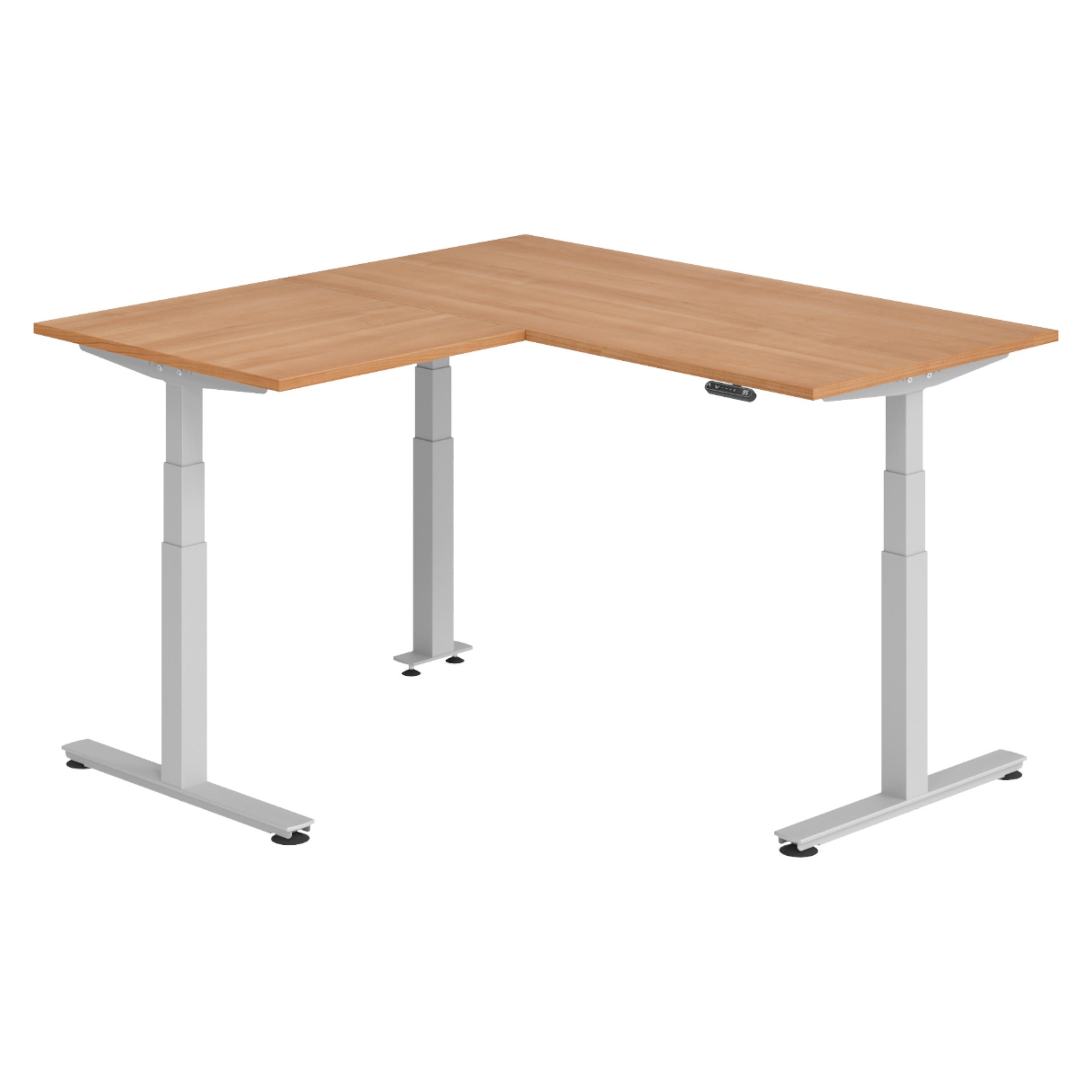 ECKSCHREIBTISCH elektrisch höhenverstellbar L-Form 160/160/74 cm in Nussbaumfarben/Silberfarben - Silberfarben/Nussbaumfarben, Holzwerkstoff (160/160/74cm) - bümö