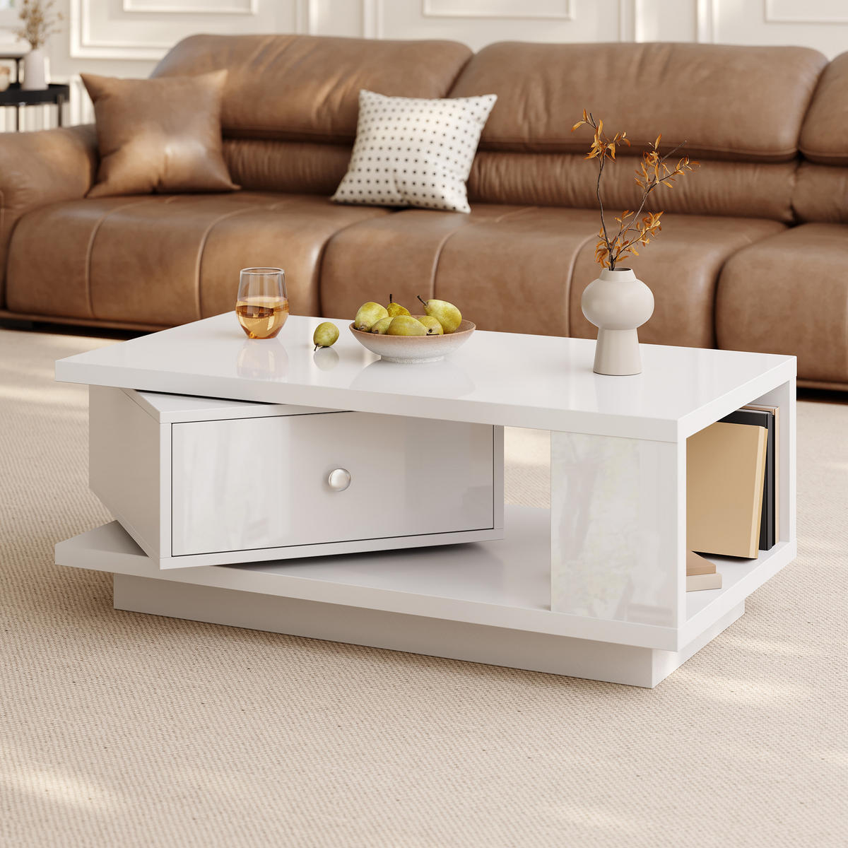 COUCHTISCH mit drehbarer Schublade und offenem Fach - Weiß, Holzwerkstoff (48/90/35cm) - FLIEKS
