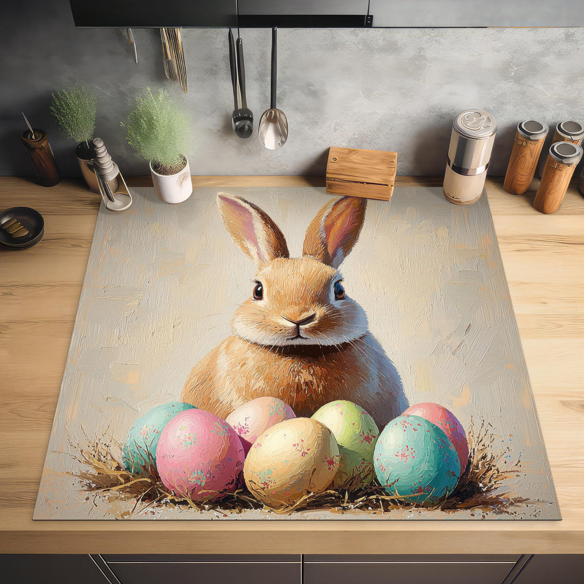 HERDABDECKPLATTE Osterhase - Pastell - Eier Induktionsmatte 78x78 cm - Beige, Kunststoff (78/78/0.2cm) - MuchoWow