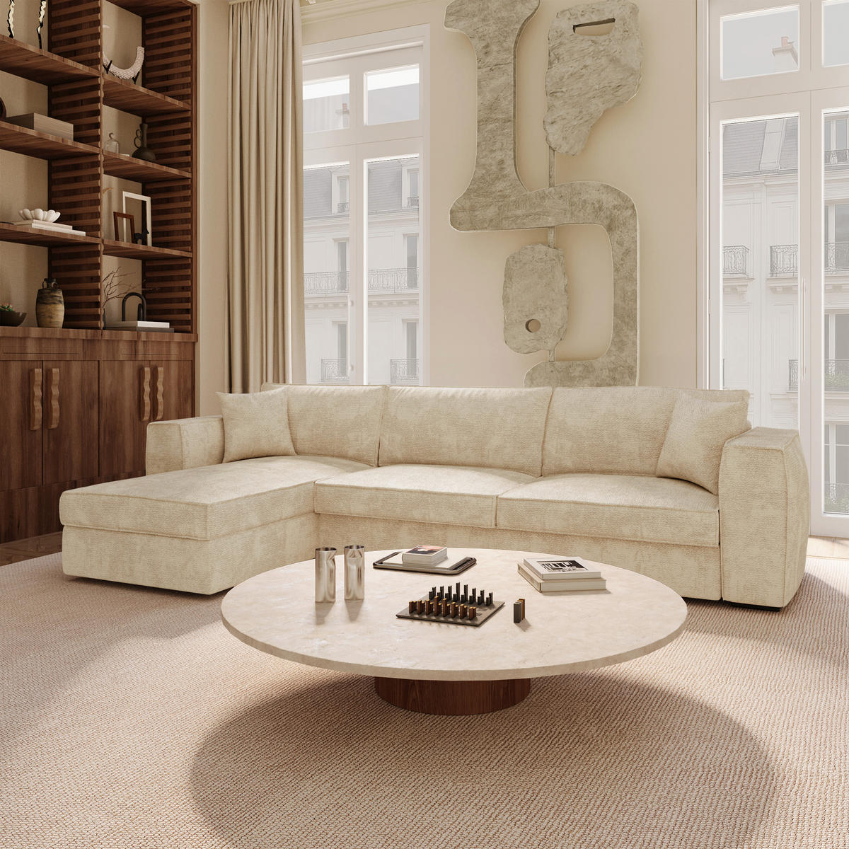LINKSECK-SCHLAFSOFA MIKA Kettgewebe mit weichem Griff Beige 292cm - Beige, Textil (292/100cm) - Premium Interiors