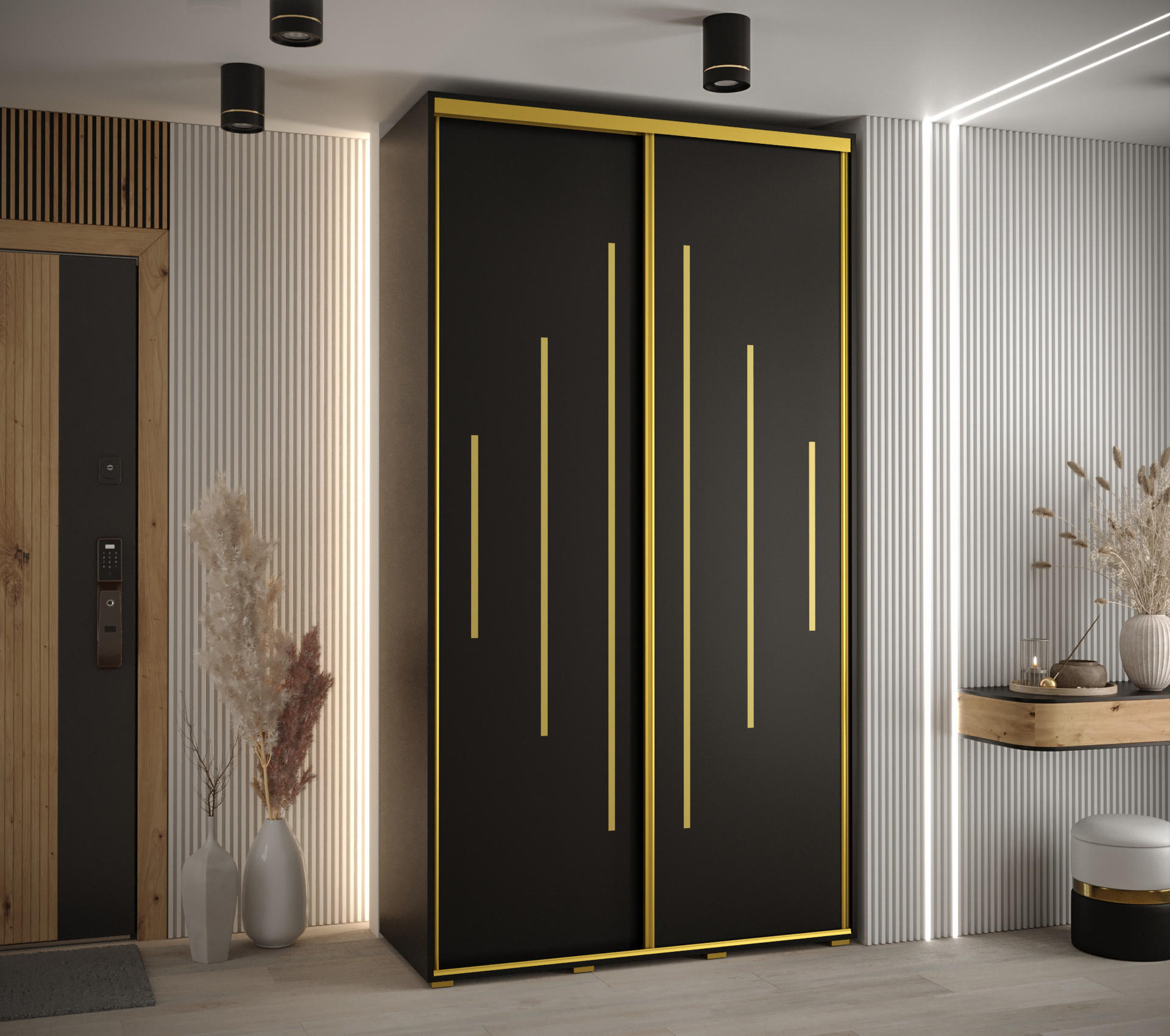 SCHWEBETÜRENSCHRANK 235,2/130/60 2-türig - Goldfarben/Schwarz, Holz/Metall (130/235/60cm) - Abiks Möbel