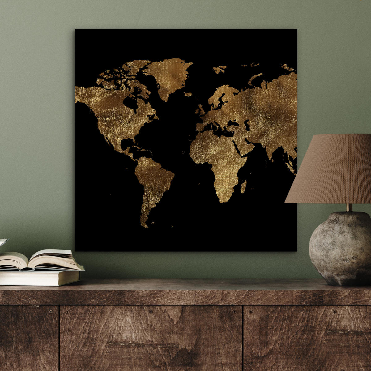 KOVOVÝ OBRAZ Mapa sveta - Zlato - Luxus - Zem - Čierna 50x50 cm - zlatá, kov (50/50cm) - MuchoWow