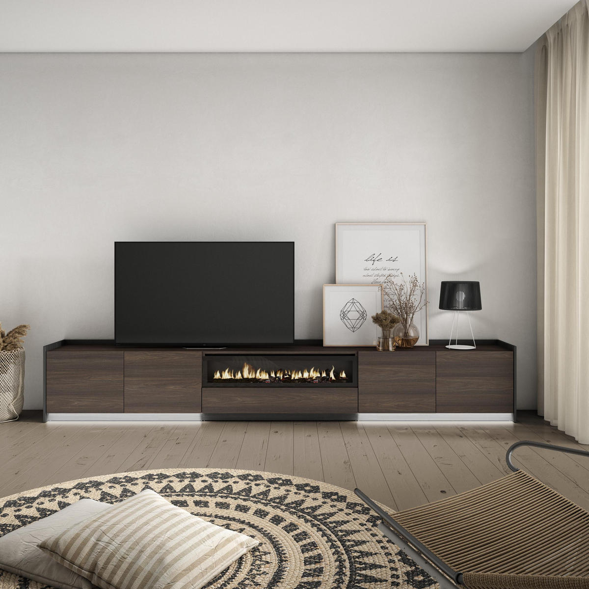 LOWBOARD, Eiche und Schwarz, 310/37/50cm, Kamin mit Feuereffekt - Dunkelbraun, Holzwerkstoff (310/50/37cm) - Skraut Home