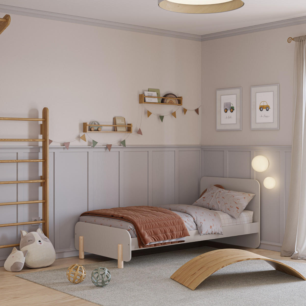 BETT 90x190 cm in creme glänzendem Dekor und hellem Holz 106,5/195,4/90/45 cm - Beige, Holz (190/90cm) - Calicosy