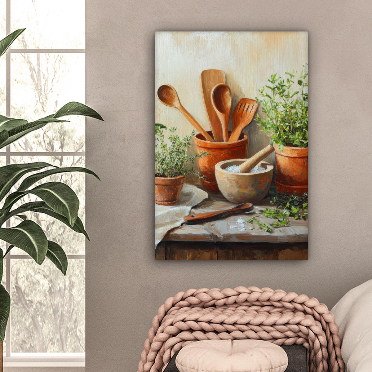 LEINWANDBILD Töpfe - Kräuter - Holz Wanddeko 40x60 cm - Terracotta, Textil (40/60cm) - MuchoWow