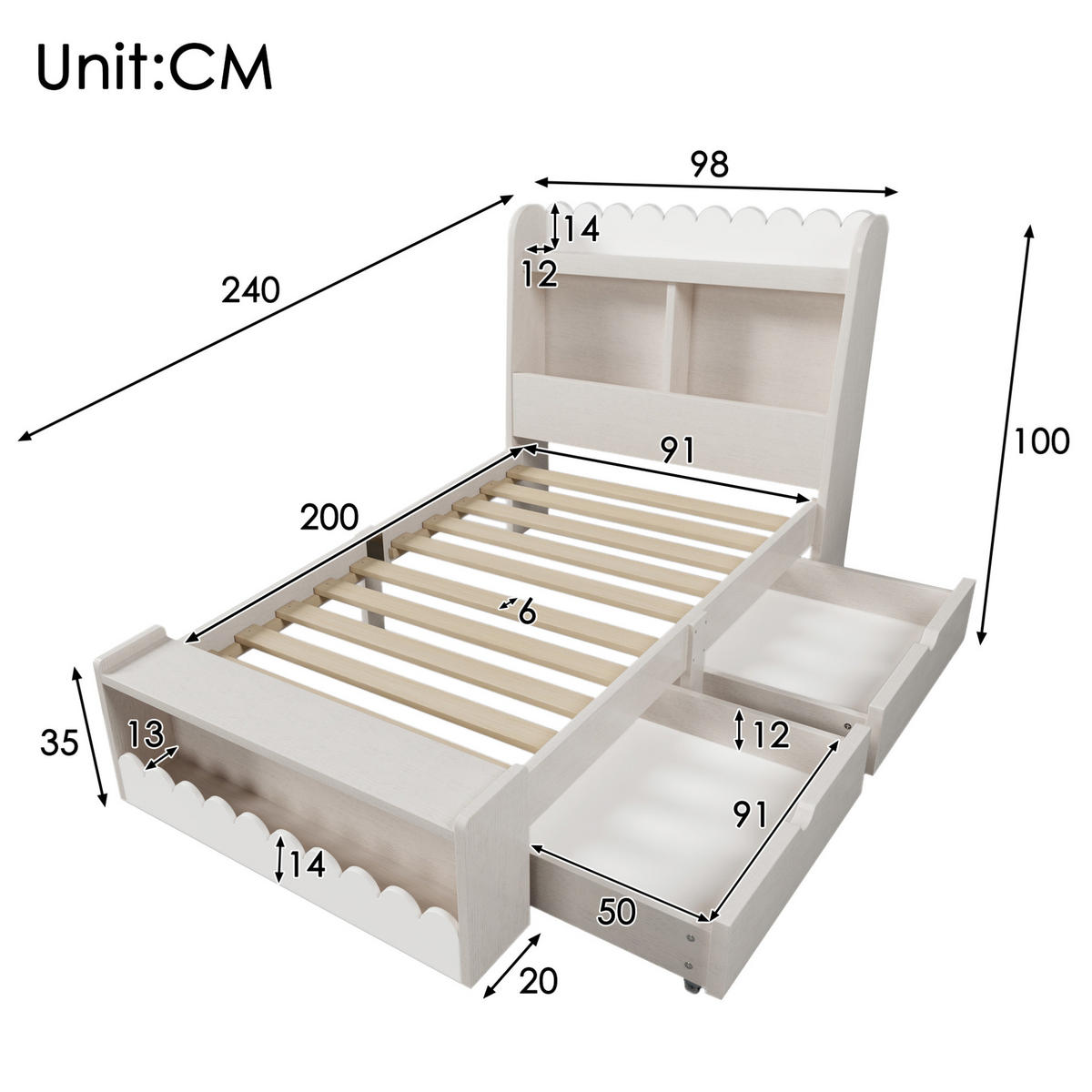 POLSTERBETT 90/200 cm Weiß und Eichefarben aus Massivholz und MDF mit Stauraum - Weiß, Holzwerkstoff (90/200cm) - OKMYHOME
