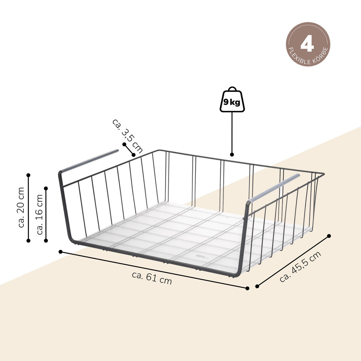 SCHRANKKÖRBE 4er-Set, grau - Grau, Metall (61/20/45.5cm) - eluno