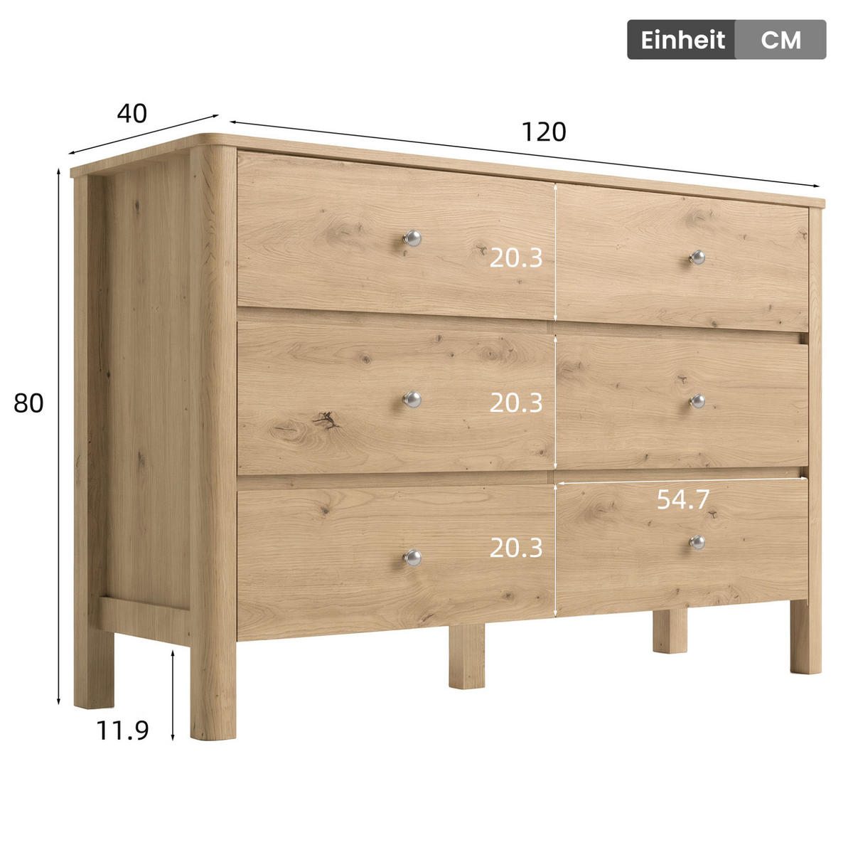 KOMMODE in Eiche 120x40x80 cm mit 6 Schubladen und silberfarbenen Metallgriffen - Eichefarben, Holzwerkstoff (40/80/120cm) - IVMEU