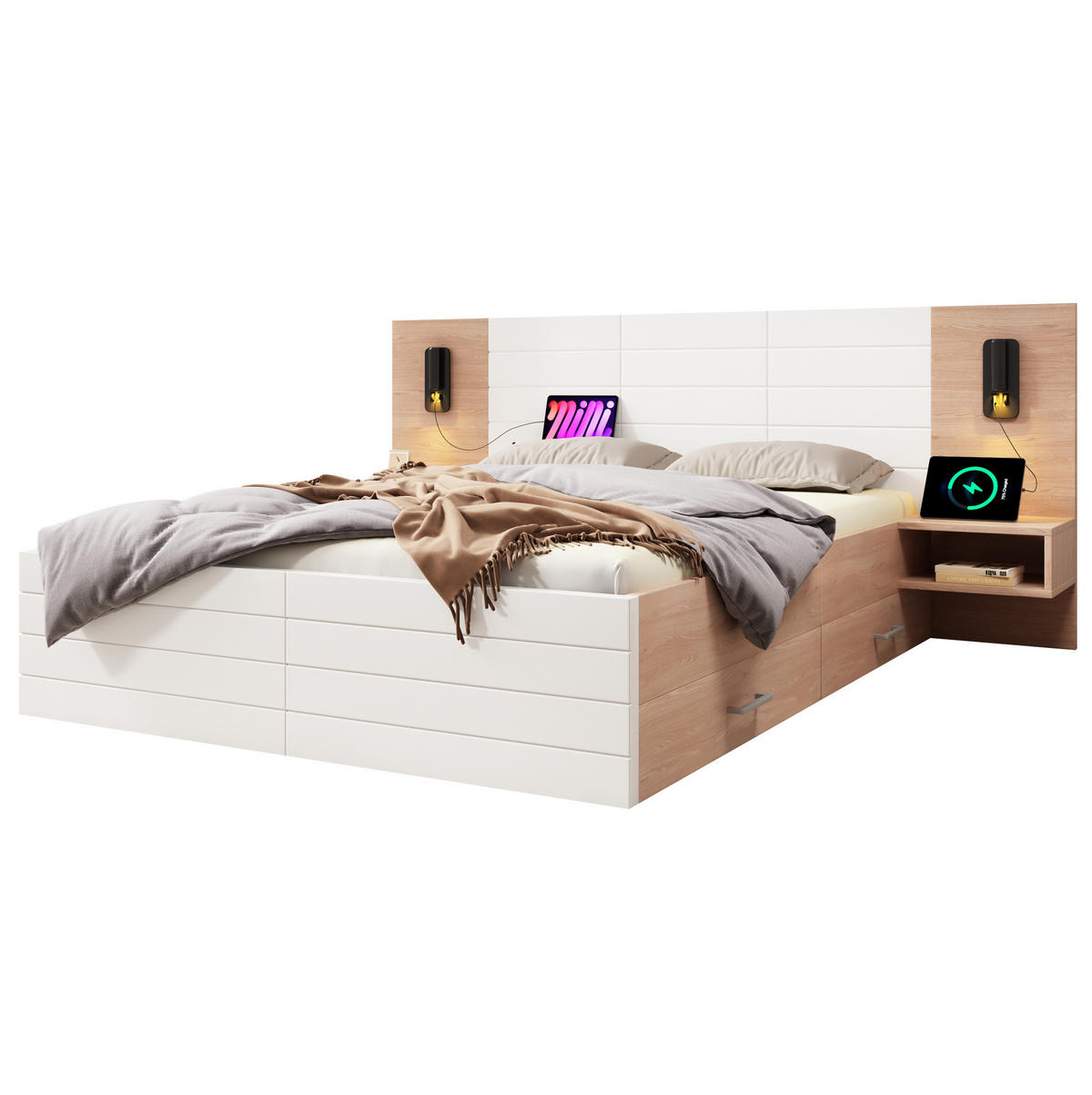 POSTEL 160×200 cm bílá/dub, masivní dřevo a MDF, s LED lampičkou, USB a úložným prostorem - bílá, kompozitní dřevo (160/200cm) - BEAOK