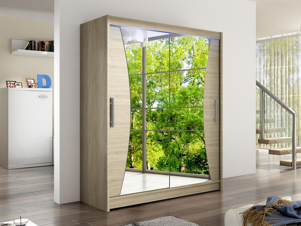 SCHWEBETÜRENSCHRANK Westa IX, mit RGB LED Beleuchtung - Silberfarben/Sonoma Eiche, Holzwerkstoff/Metall (150/200/58cm) - MIRJAN24