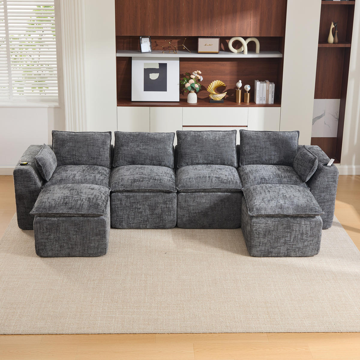 WOHNLANDSCHAFT DE-33951 modular mit 2 Fußhockern Grau - Dunkelgrau, Textil (161/75/332cm) - ComfortXL