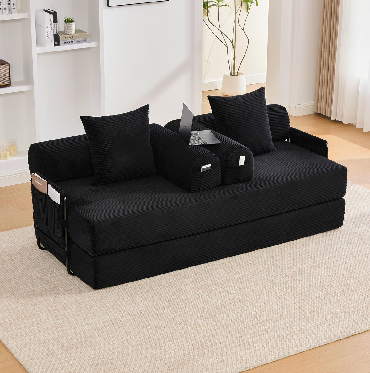 SOFA modular 200 x 94 cm Corduroy Schwarz mit 3 Kissen - Schwarz, Kunststoff (94/67/200cm) - Meubliv