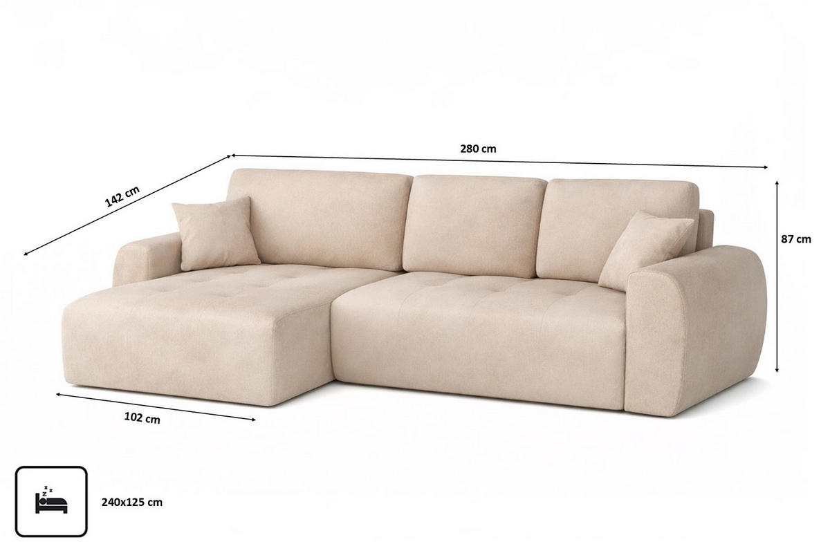 ECKSOFA Mit Schlaffunktion Und Bettkasten L-Form Ivo XL, Veloursstoff Salvador, Beige, Links - Beige, Holz (280/142cm) - Kaiser Möbel