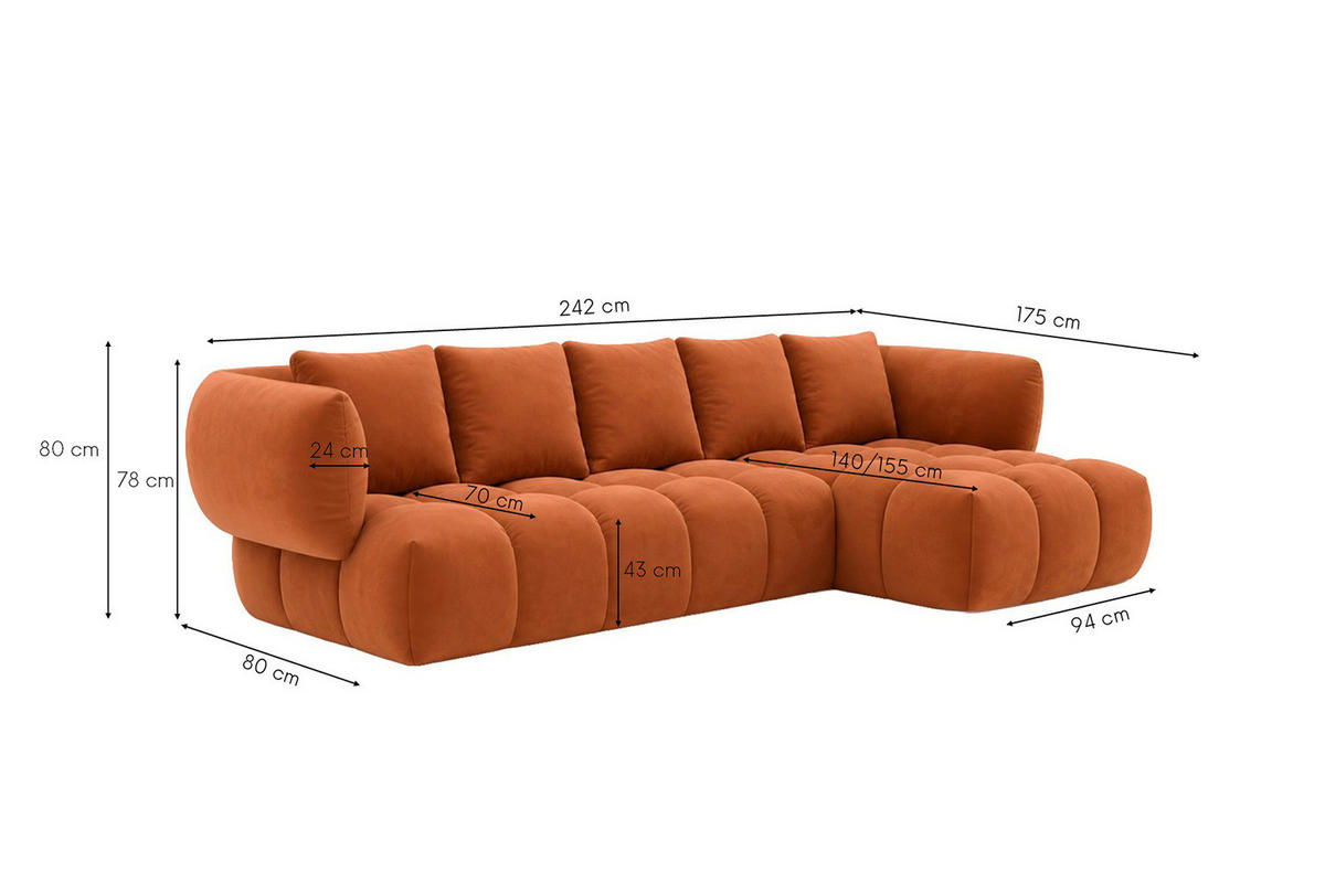 ECKSOFA L-Form, Veloursstoff Bluvel, Zimtfarbe, Rechts, SEVIO L - Orange, Holz (242/175cm) - Kaiser Möbel