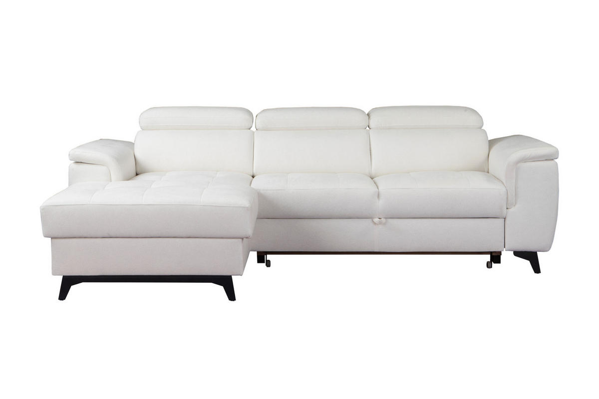 ECKSOFA VOLA Weiß Velours-Stoff mit Schlaffunktion - Weiß, Holz (270/175cm) - MASSENO