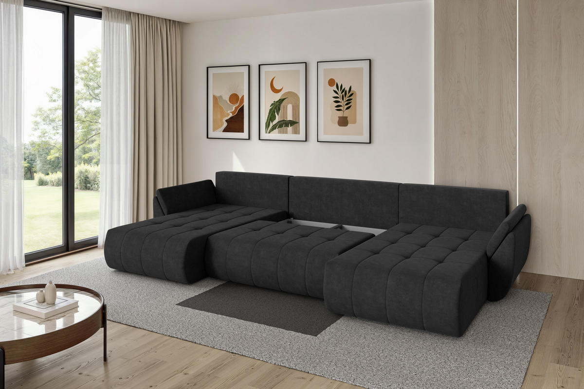 SEDACÍ SOUPRAVA DO U s funkcí spaní a úložným prostorem TOKO-U 378x194x86 černá velur - černá, kompozitní dřevo/textil (378/86/194cm) - ALTDECOR