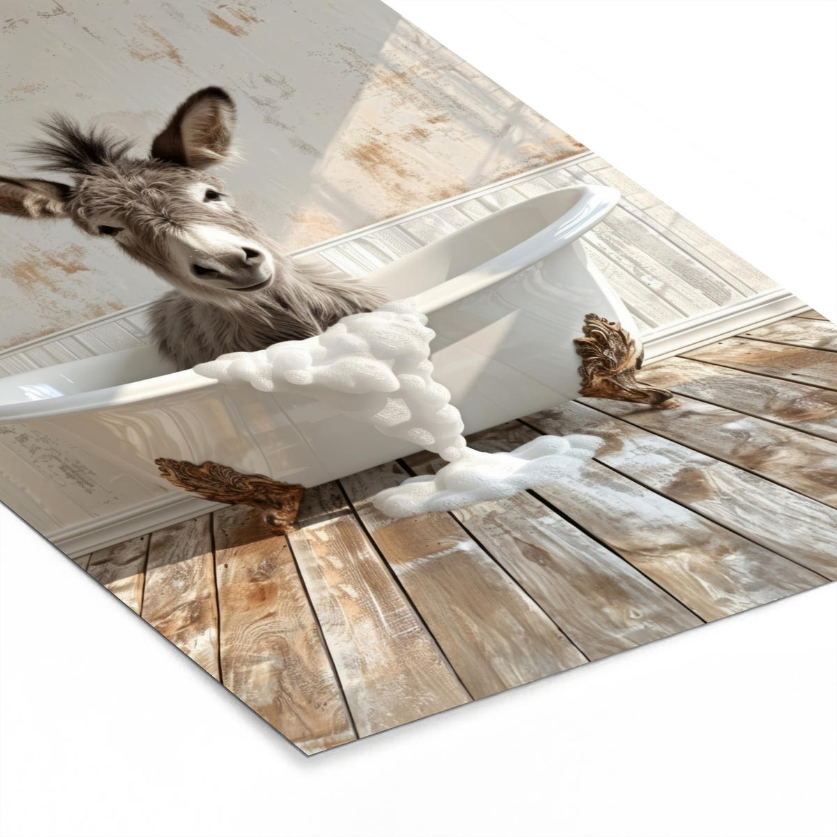 GERAHMTES BILD Esel - Tiere - Badewanne - Schaumstoff 40x60 cm - Weiß, Papier (40/60cm) - MuchoWow