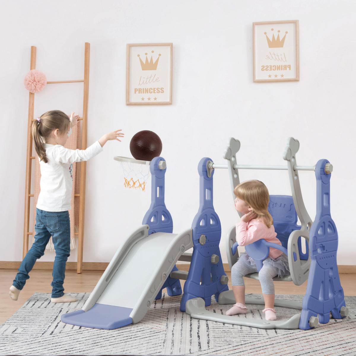 KINDERRUTSCHE mit Schaukel 4-in-1 – ,Blau, Mit Basketballkorb & 3-fach höhenverstellbarer Schauke,Spielgerät für Kinder - Blau, Kunststoff (140/102/118cm) - BursDany