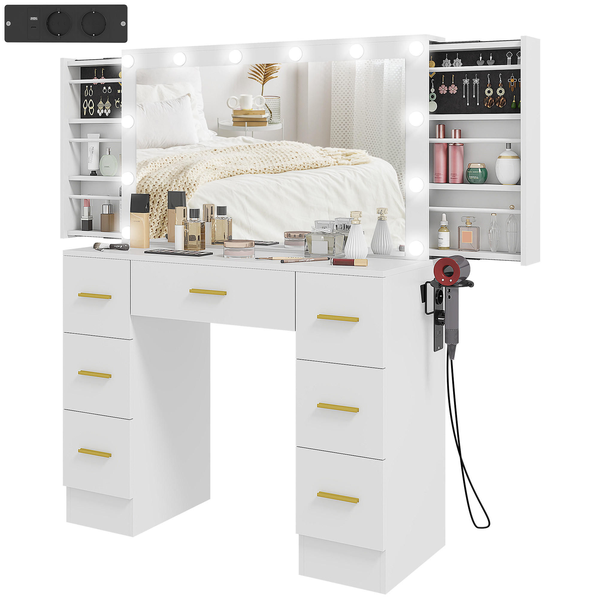 SCHMINKTISCH DE-10808 mit 12 LED-Lichtern & 7 Schubladen Weiß - Weiß, Holzwerkstoff (40/137/100cm) - ComfortXL