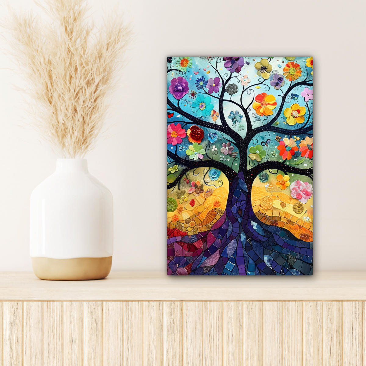 LEINWANDBILD Kunst - Baum des Lebens - Blumen - Hippie Deko Wohnzimmer 20x30 cm - Dunkelblau, Textil (20/30cm) - MuchoWow