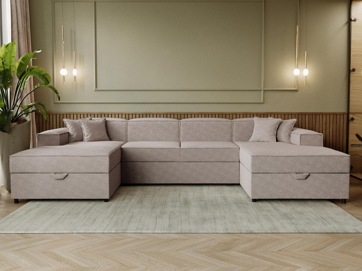WOHNLANDSCHAFT Santos U Boucle - Beige/Schwarz, Holzwerkstoff/Kunststoff (320/79/166cm) - MIRJAN24