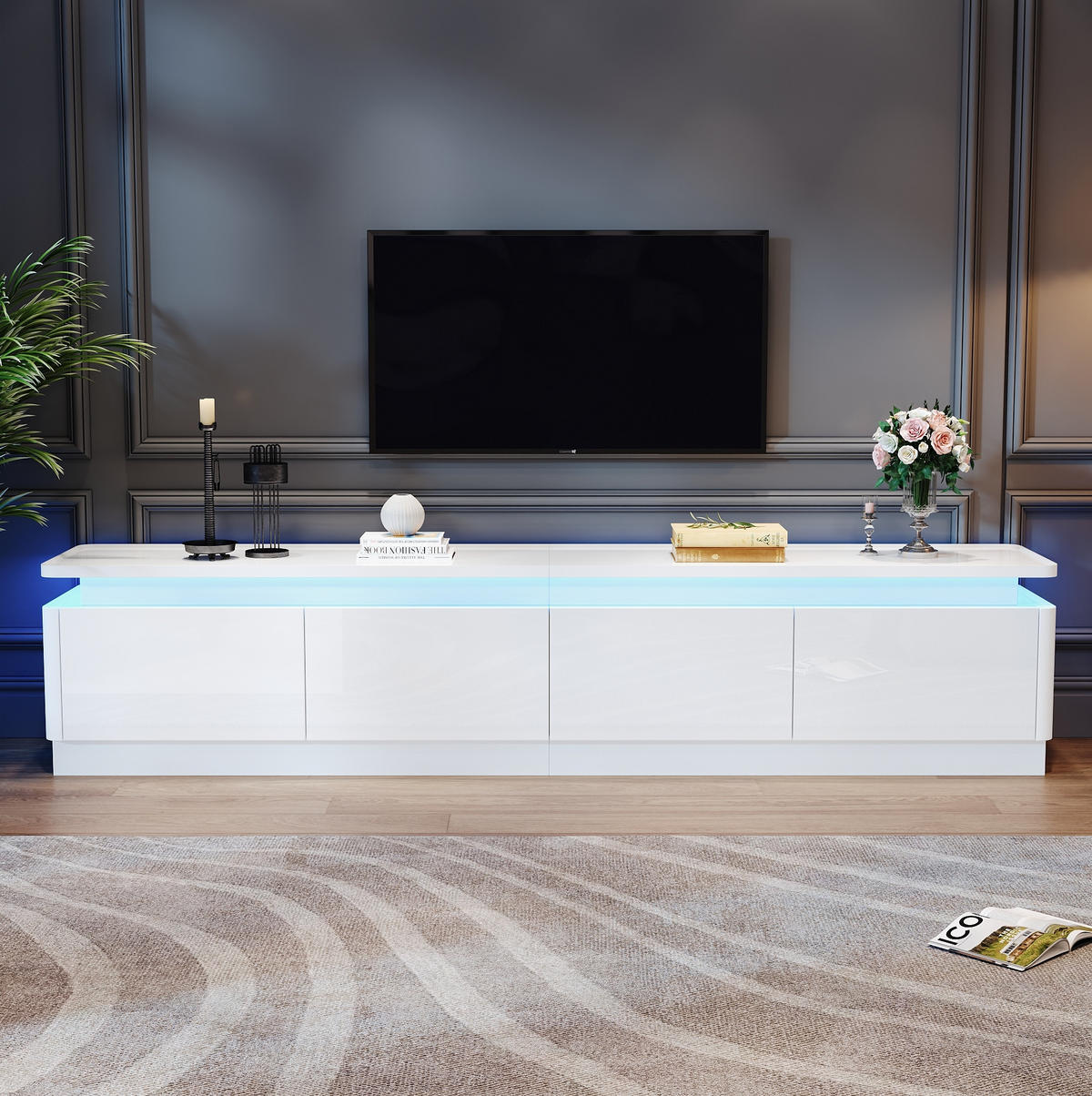 TV-LOWBOARD aus Spanplatte 180x34x40 cm Weiß mit LED-Beleuchtung, 4 Schubladen und Hochglanzfront - Weiß, Holzwerkstoff (180/40/34cm) - Modfu