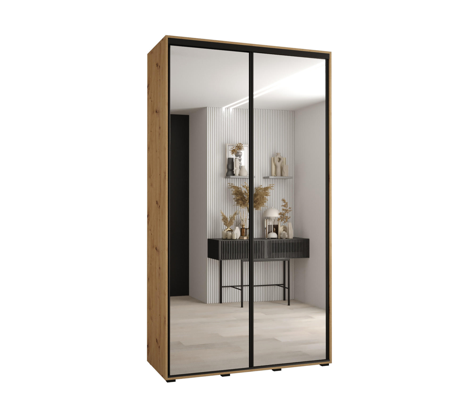 Abiks Möbel Schwebetürenschrank Eiche Artisan, Schwarz 130x235x45 cm