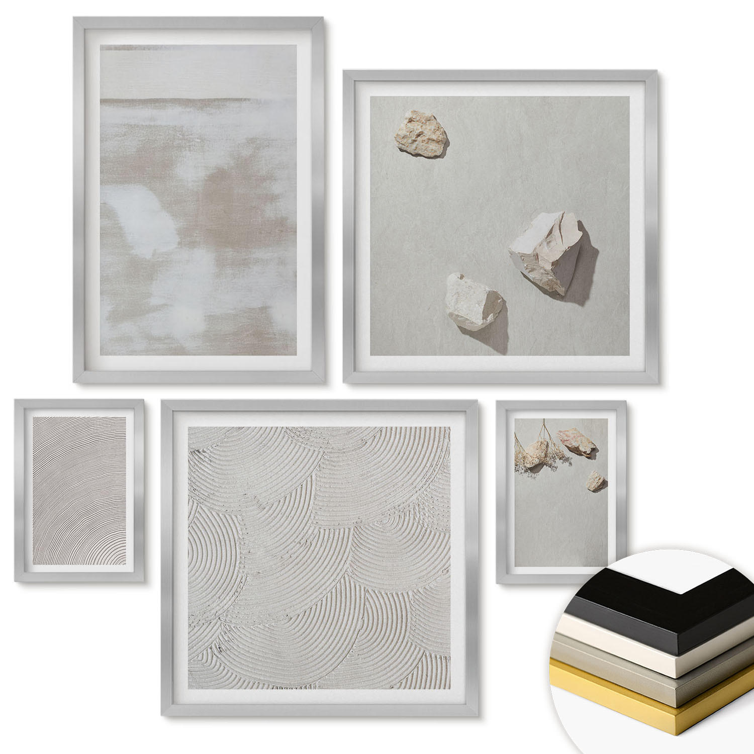 WANDBILDER 5er Set - 50x50 cm & 20x30 cm & 40x60 cm Silberner Rahmen - Boho-Textur aus Sandsteinen - Silberfarben, Kunststoff (40/60cm) - ArtPrintCave