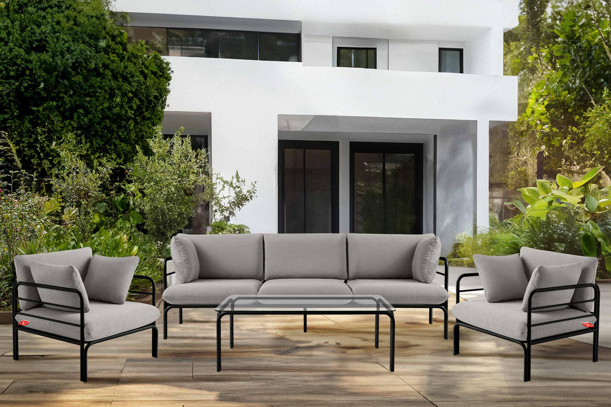 GARTENSOFA RAMBE 3-Personen mit Kissen, Anthrazit/Hellgrau - Dunkelgrau/Hellgrau, Textil/Metall (225/80/80cm) - KONSIMO®
